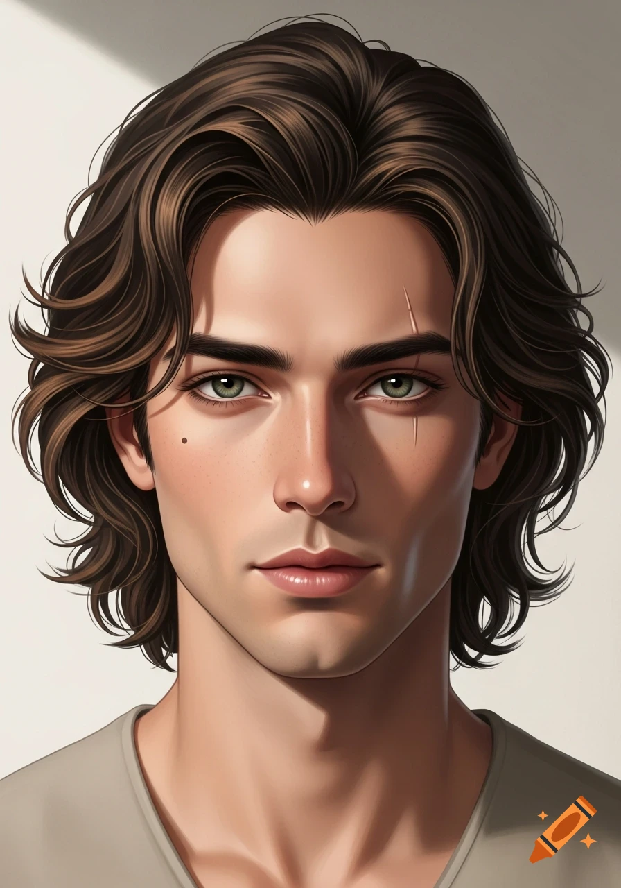 Digital illustration of a handsome man with wavy brown hair, green eyes, a mole, and a scar above his brow.