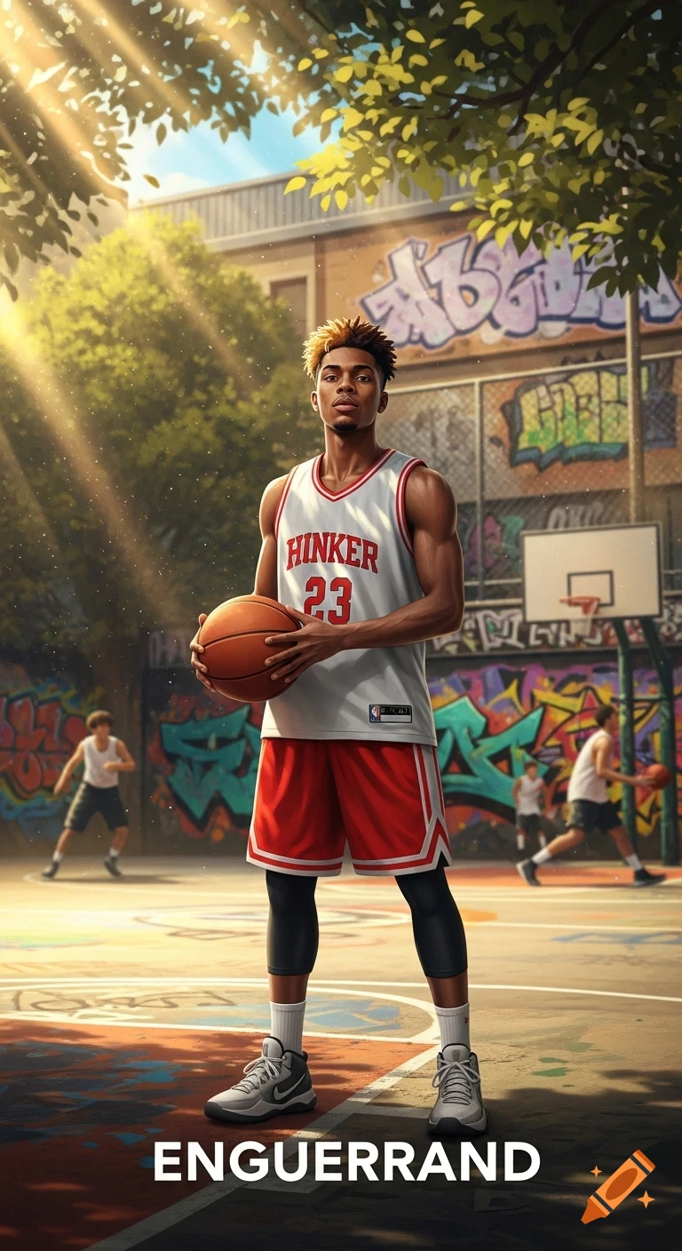 A stylized illustration of a young man with blonde and light brown dreadlocks, wearing a white and red basketball jersey with 'HINKER 23' on it, holding a basketball on an outdoor court. Sunlight streams through trees overhead, and graffiti-covered walls are in the background.