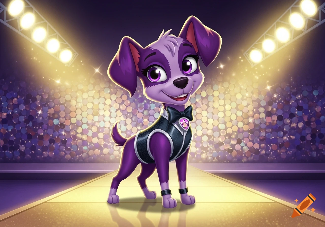 A smiling purple cartoon dog in a black tuxedo and bow tie stands on a lit stage with a sequined background.