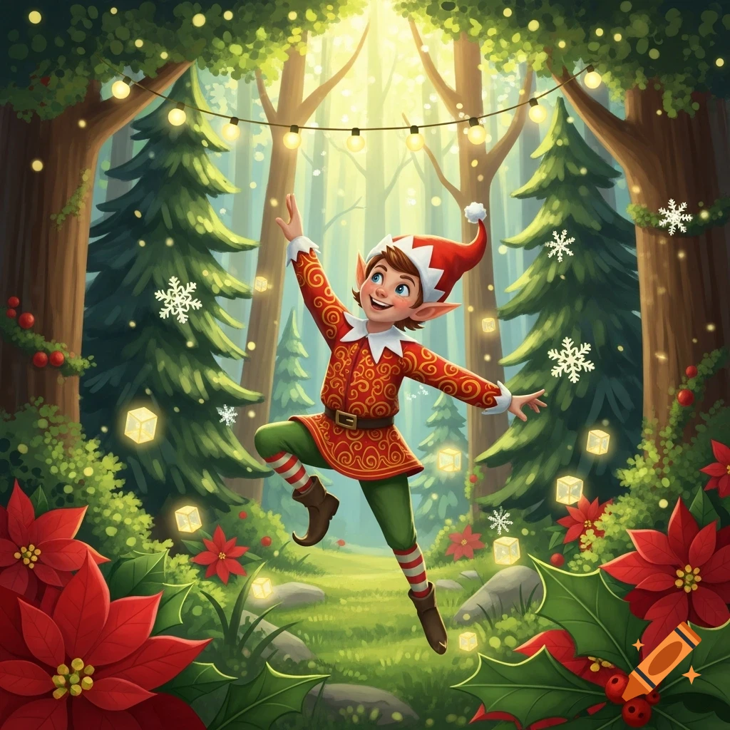 A cheerful elf in a red and green costume dances in a festive, magical forest with string lights, poinsettias, and snowflakes.