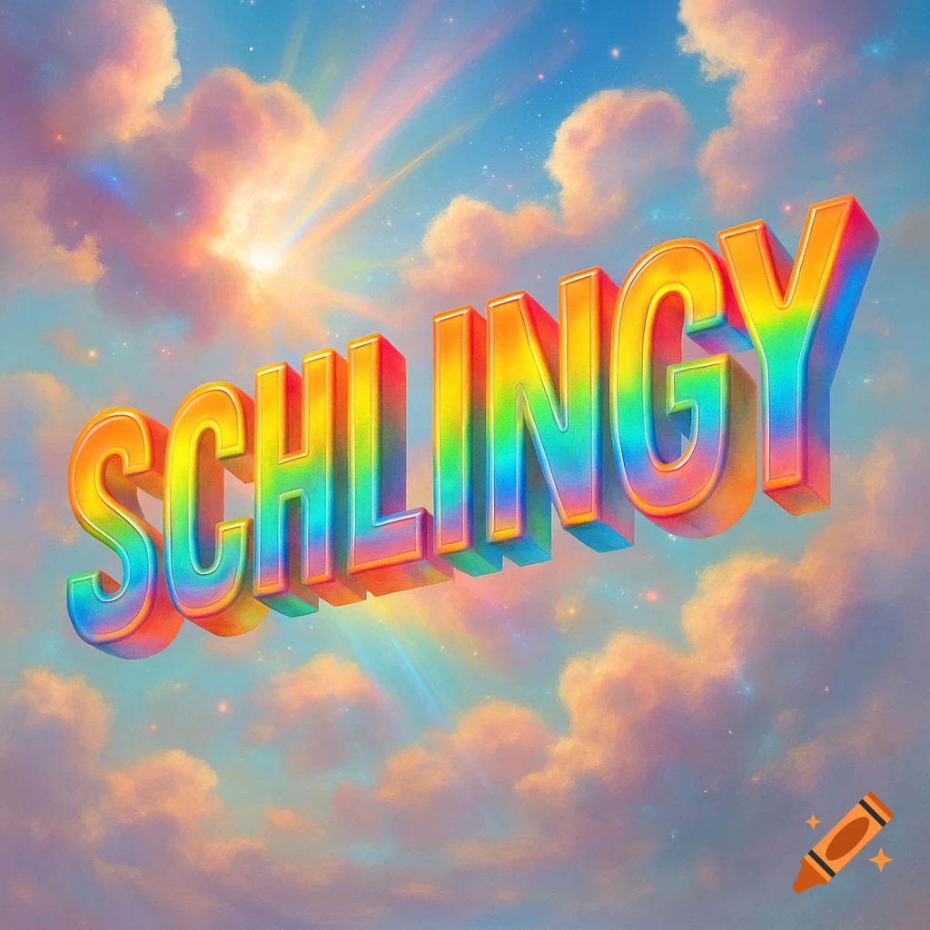 Rainbow-colored 3D text spelling 'SCHLINGY' floats in a pastel cloudy sky with sunbeams.