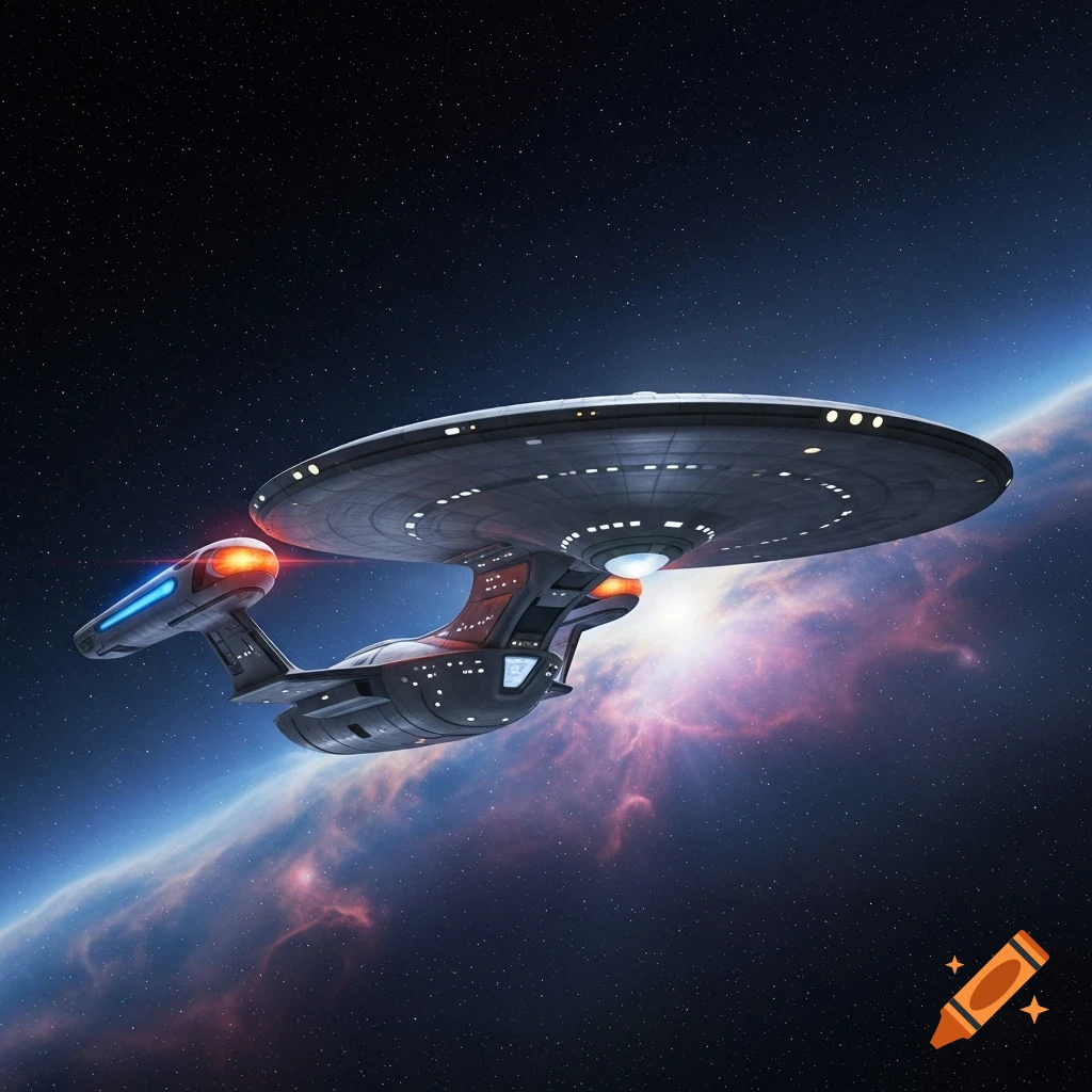A photorealistic Star Trek-style starship, USS Voyager, cruises through deep space with a colorful nebula.