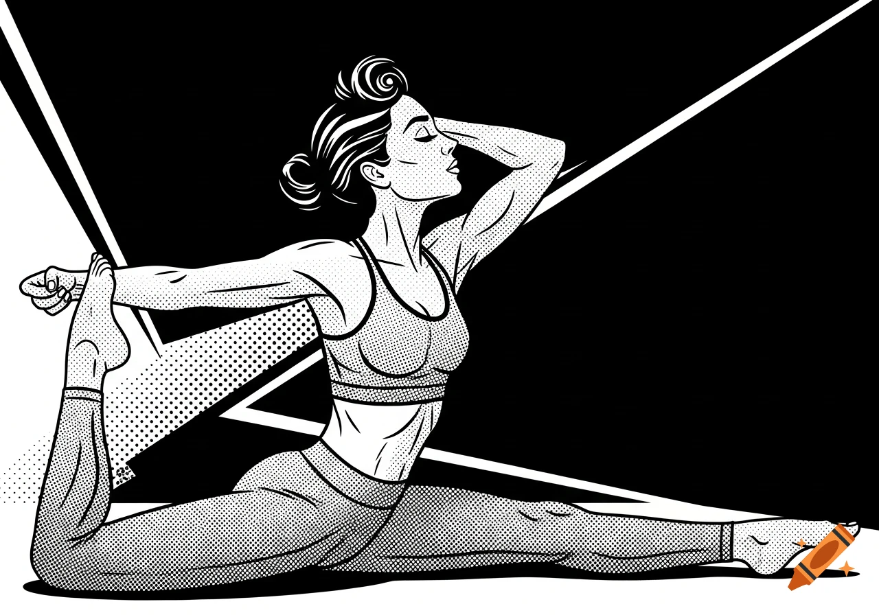 Black and white pop art illustration of a woman in a graceful yoga pose, stretching her leg back, emphasizing strength.