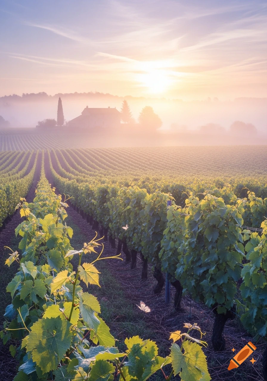 Misty sunrise over a vast vineyard with a farmhouse and tall trees silhouetted in the distance.