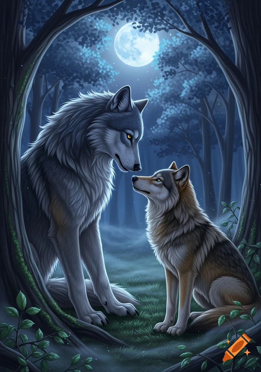 A large grey wolf and a smaller brown wolf gaze at each other in a mystical, moonlit forest at night.
