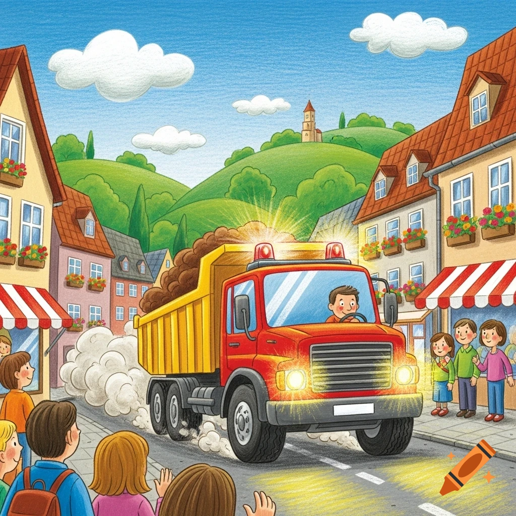 A red and yellow dump truck full of dirt with flashing lights and smoke drives down a town street, watched by children, in a children's illustration style.