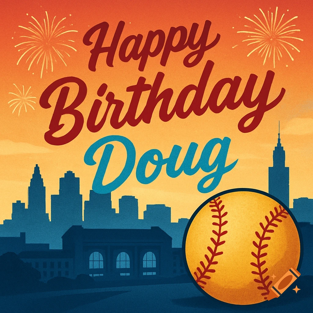 Graphic illustration of "Happy Birthday Doug" text over a blue city skyline, with a softball in the foreground and fireworks in an orange sky.