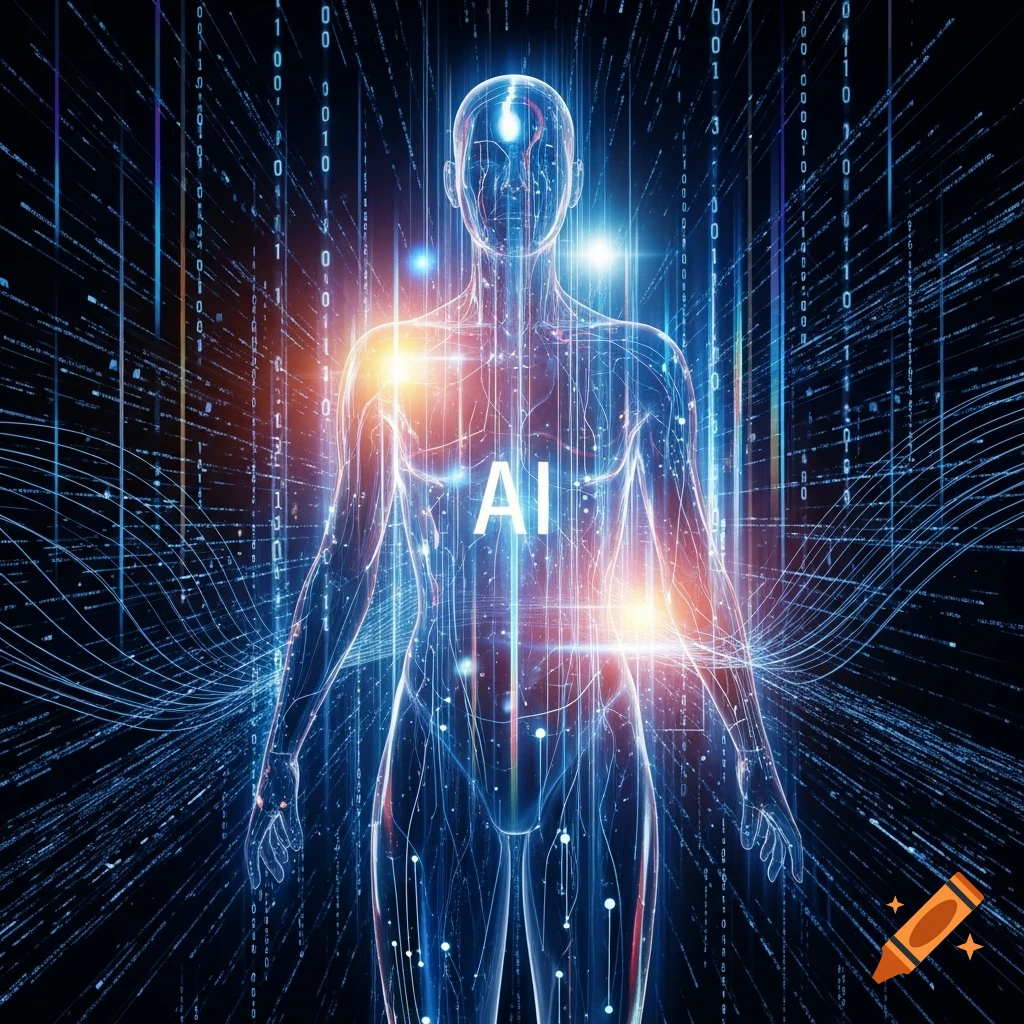A glowing, translucent human figure with 'AI' on its chest, surrounded by digital code and light trails in a dark, futuristic setting.