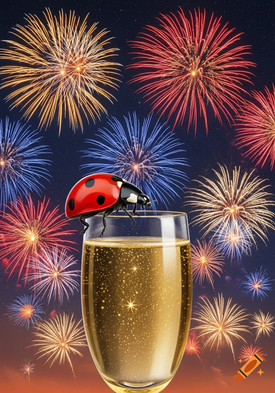 A ladybug on a champagne glass with golden bubbles against a night sky filled with colorful red, blue, and yellow fireworks.