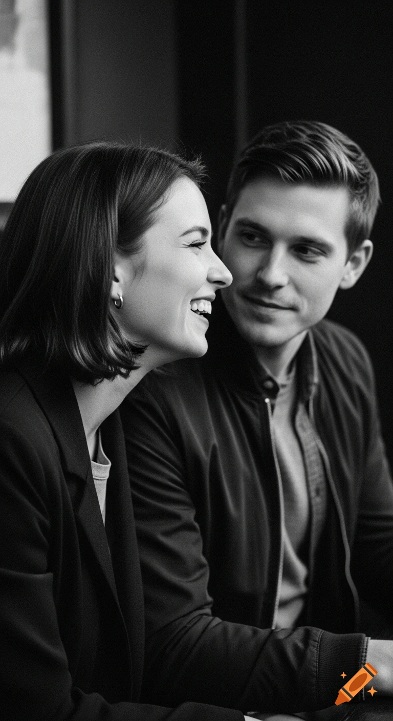 Black and white close-up of a woman laughing and a man looking at her with affection.