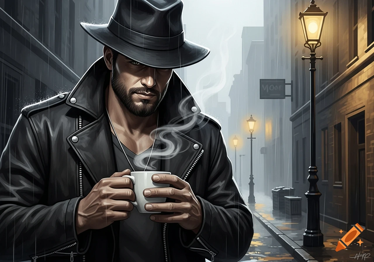 A stylized man in a fedora and leather jacket holds a steaming mug on a rainy city street at night.