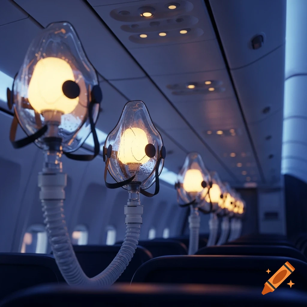 Photorealistic image of airplane oxygen masks modified into glowing light bulbs, hanging above dark seats in a blue-lit cabin.