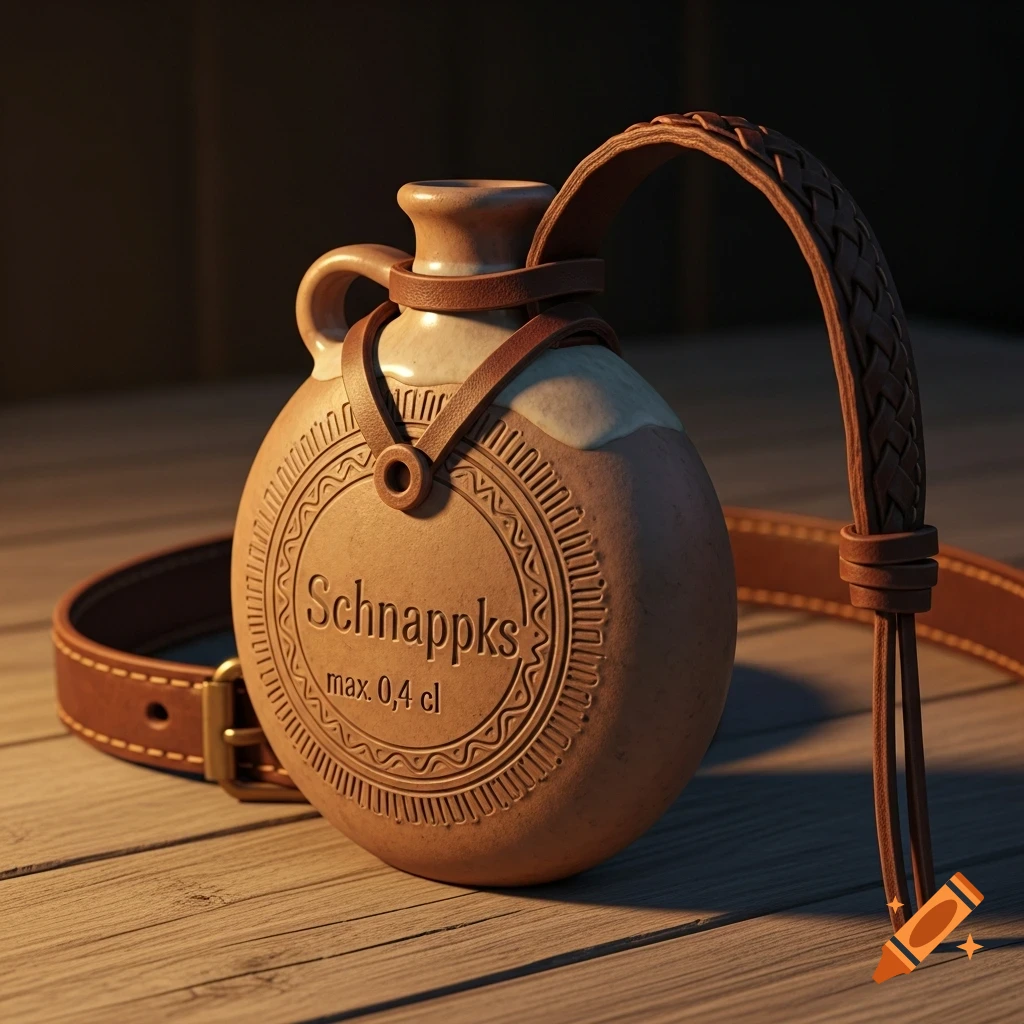 A photorealistic ceramic flask with leather straps and embossed text 'Schnapps max. 0,4 cl' rests on a wooden surface.