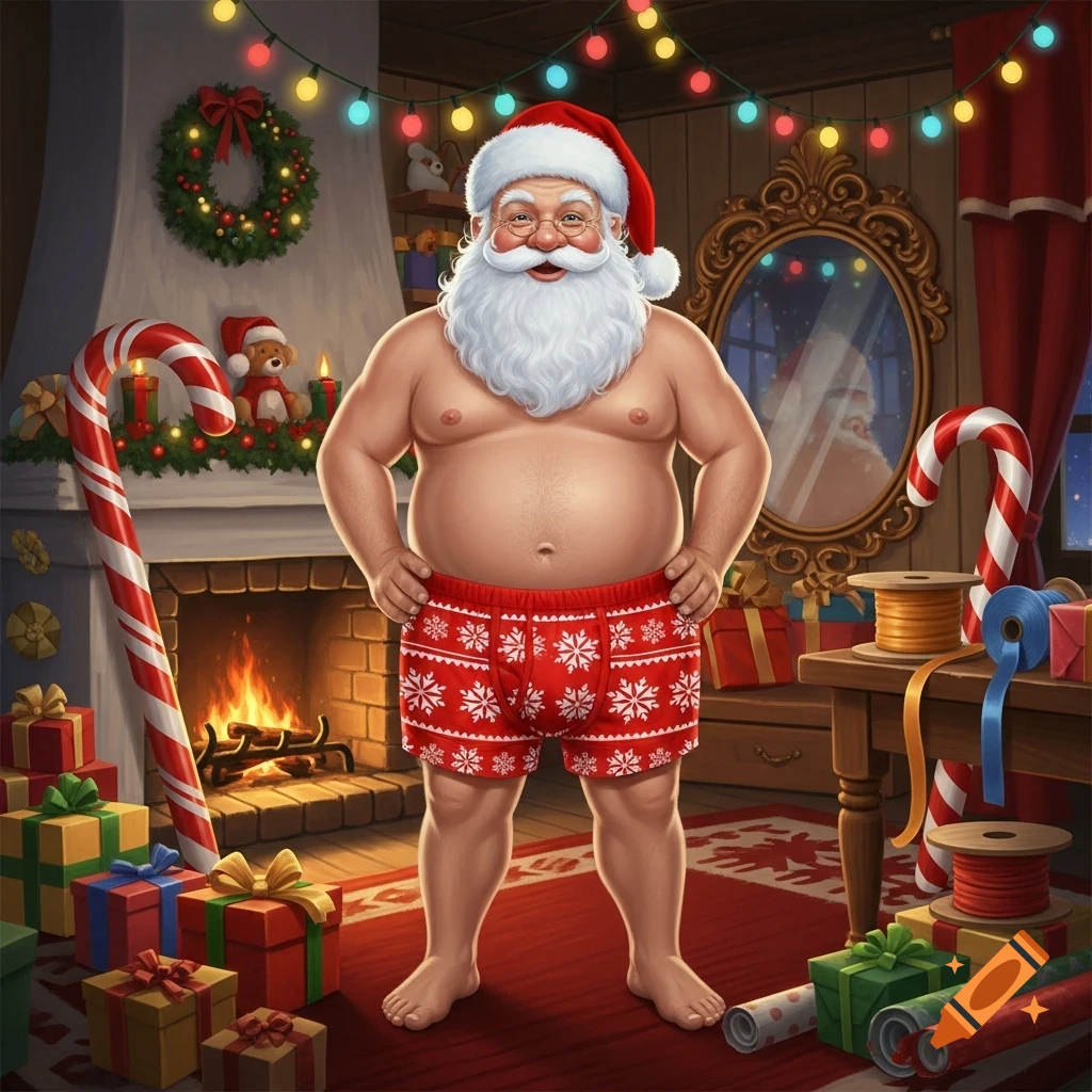 An illustration of Santa Claus in a hat and red snowflake boxers, standing by a fireplace surrounded by Christmas decorations and presents.