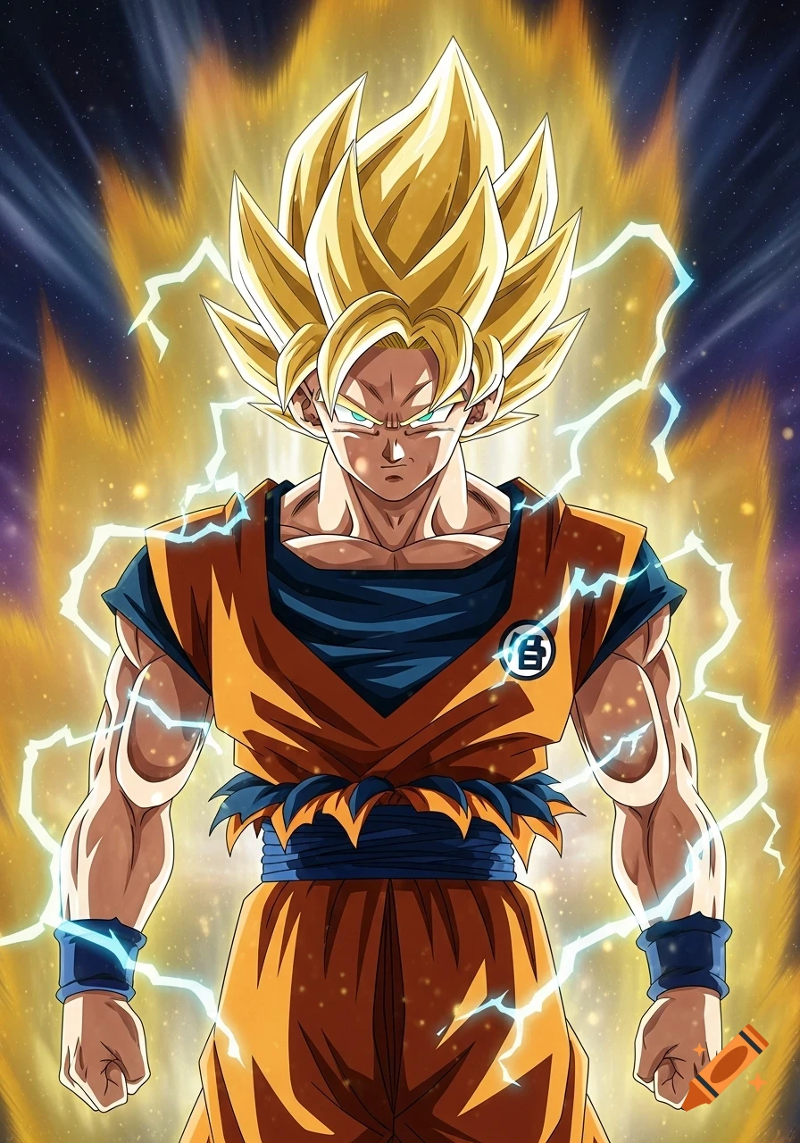 Super Saiyan Goku with spiky golden hair, blue eyes, and an orange gi with a symbol, surrounded by a yellow aura and lightning, looking intensely forward.
