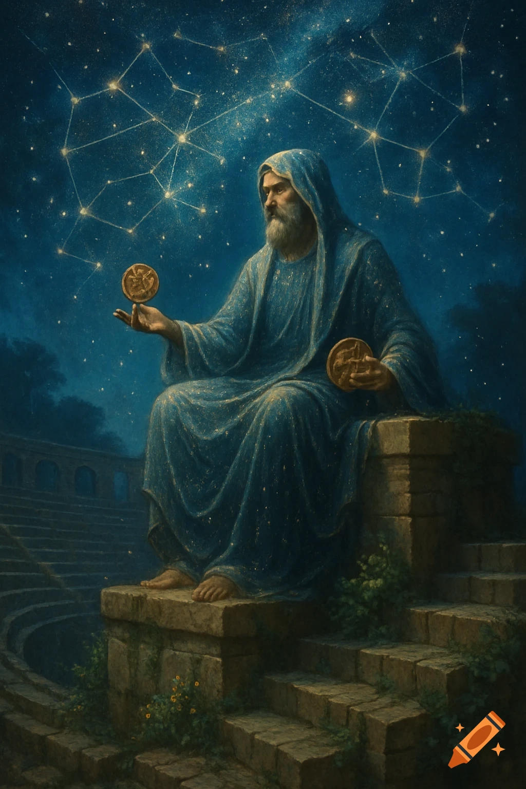 A bearded man in a blue robe sits on ancient steps, holding golden medallions under a starry night sky with constellations.