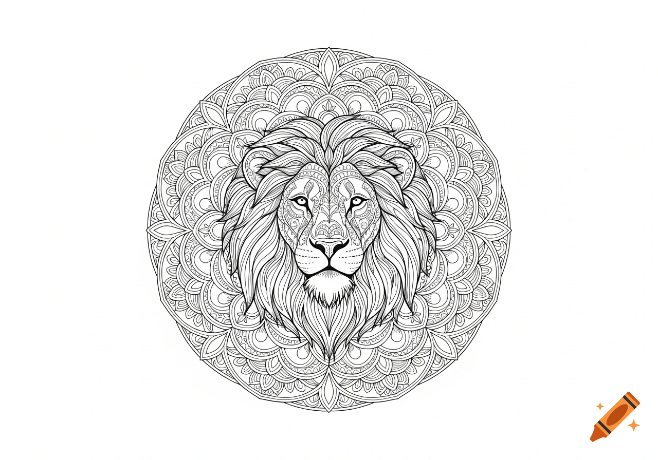 Black and white line art coloring page of a lion's head with a detailed mandala mane.