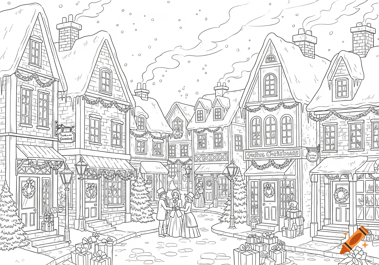 Black and white line art doodle of a Victorian Christmas village with snow-covered houses, festive garlands, and people celebrating in the street.