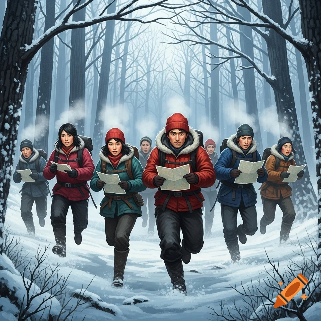 A group of people in winter gear run through a snowy forest, holding maps and emitting steaming breath.