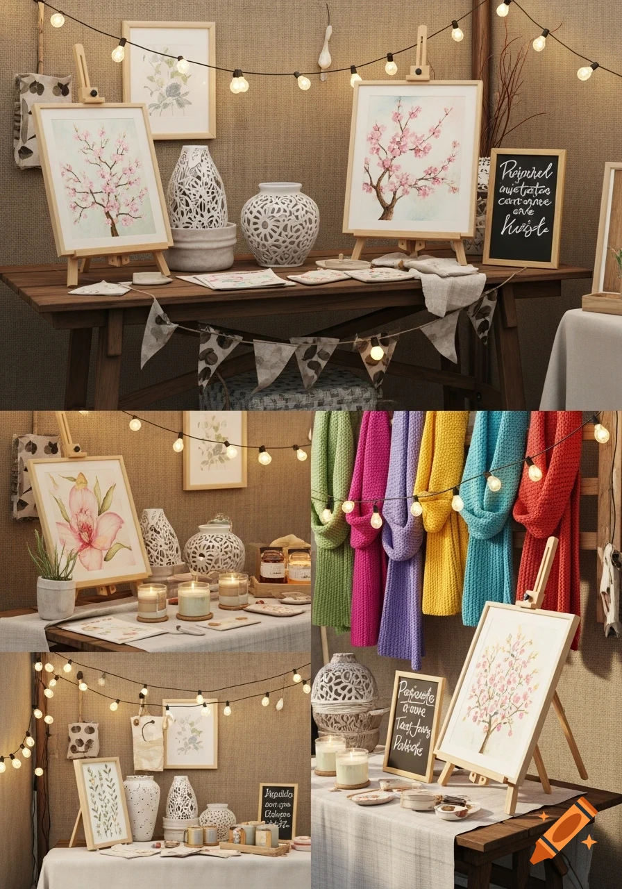 A cozy artisan market stall features watercolor paintings of flowers, decorative ceramic vases, lit candles, and colorful knitted scarves, under string lights.