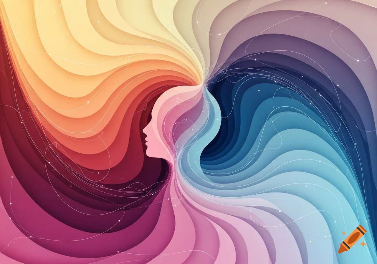 A stylized silhouette of a human head in profile, surrounded by vibrant, swirling abstract patterns of warm and cool colors.