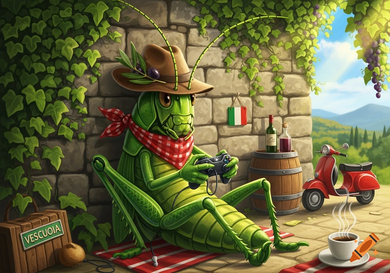 A cartoon grasshopper in a hat and bandana plays an Xbox controller in an Italian setting with a stone wall, grapevines, wine, and a red Vespa.