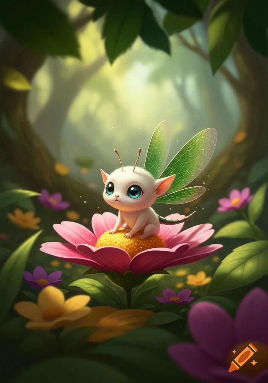 A small, cute white creature with big blue eyes and green wings sits on a pink flower in a magical forest.