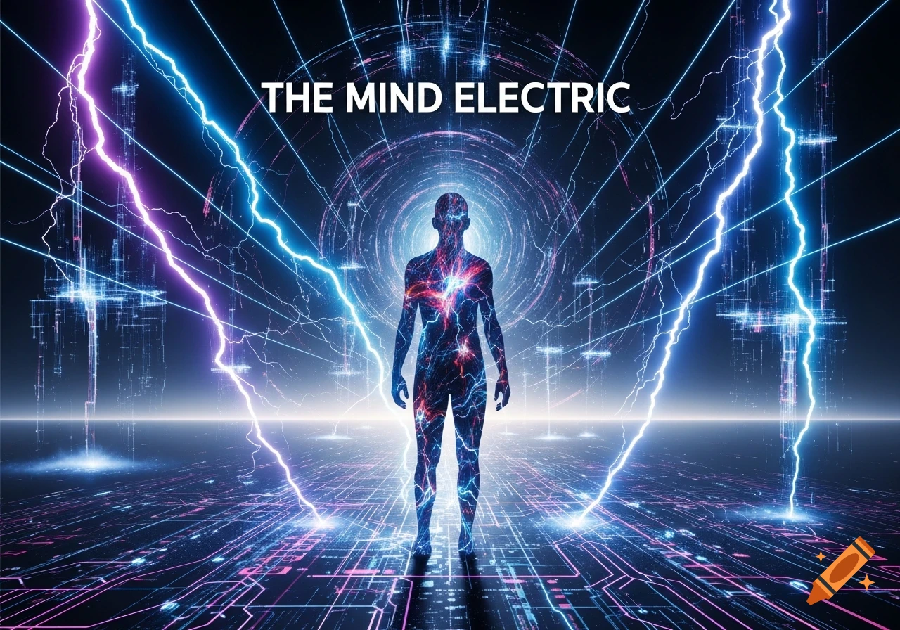A glowing, stylized human figure stands amidst vibrant blue and purple lightning and digital circuit patterns, with the text 'THE MIND ELECTRIC' above.