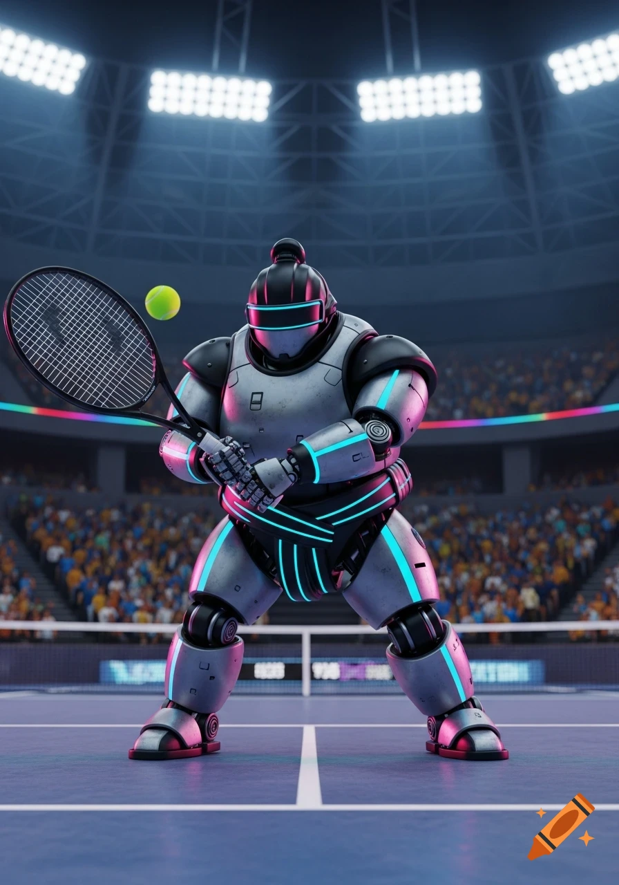 A sumo-style robot in a futuristic tennis stadium prepares to hit a tennis ball with a racket, illuminated by bright lights.