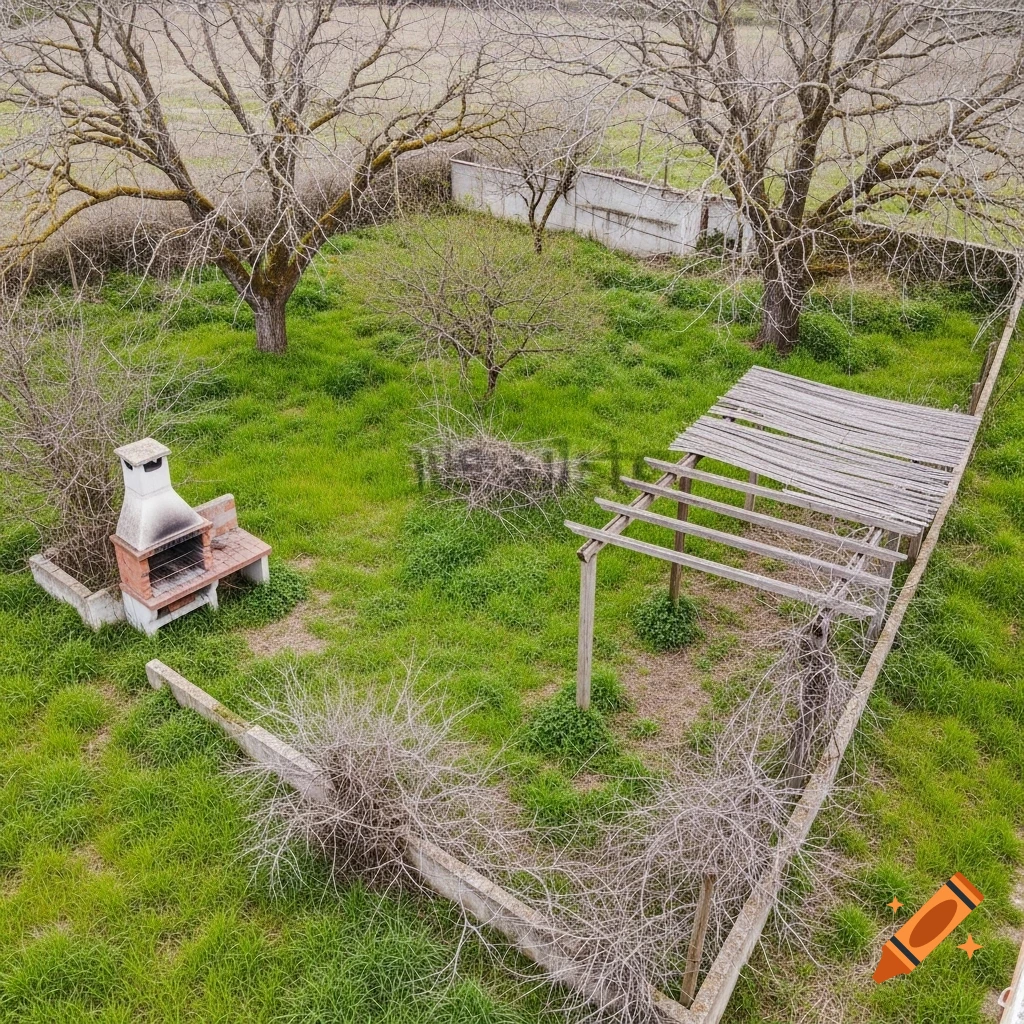Aerial view of a neglected rural garden with overgrown grass, bare trees, an old brick barbecue, and a decrepit wooden pergola.