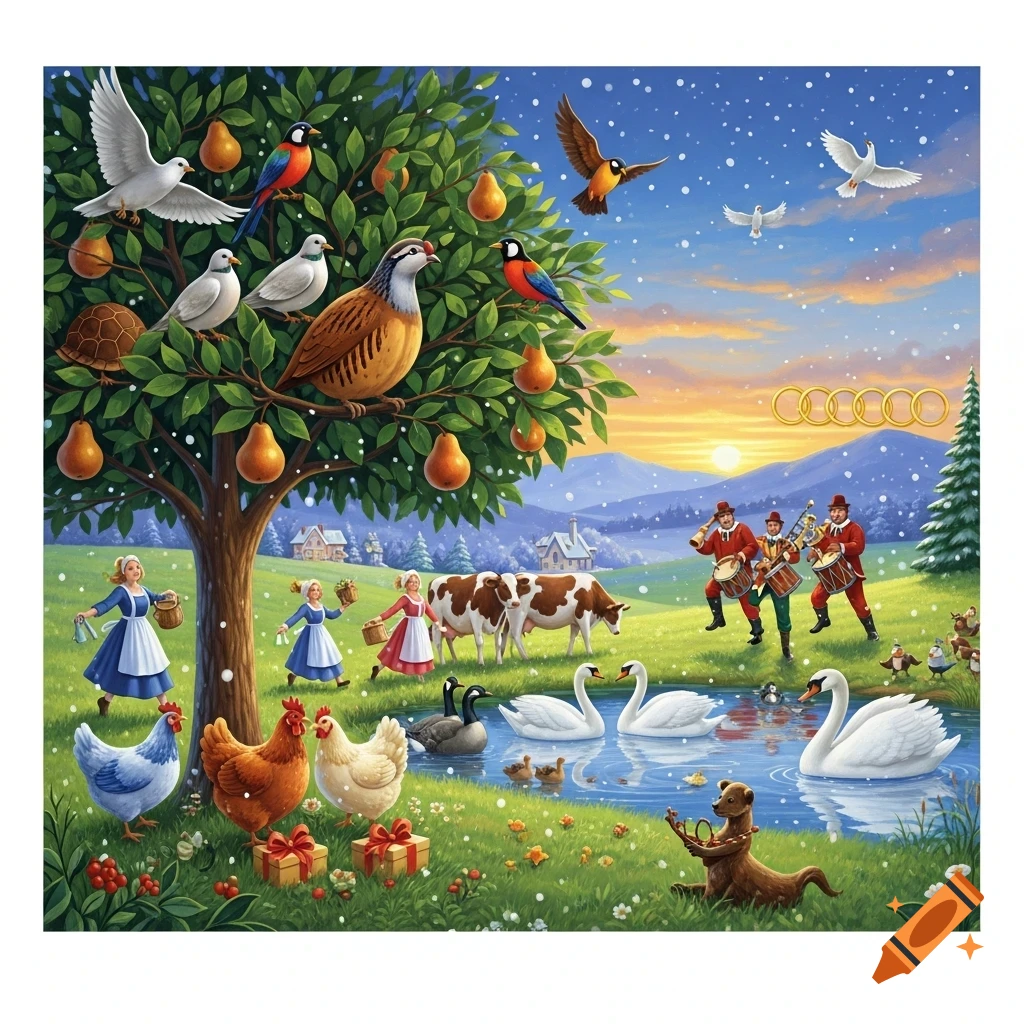 A vibrant, stylized illustration depicting the '12 Days of Christmas' with birds, animals ...
