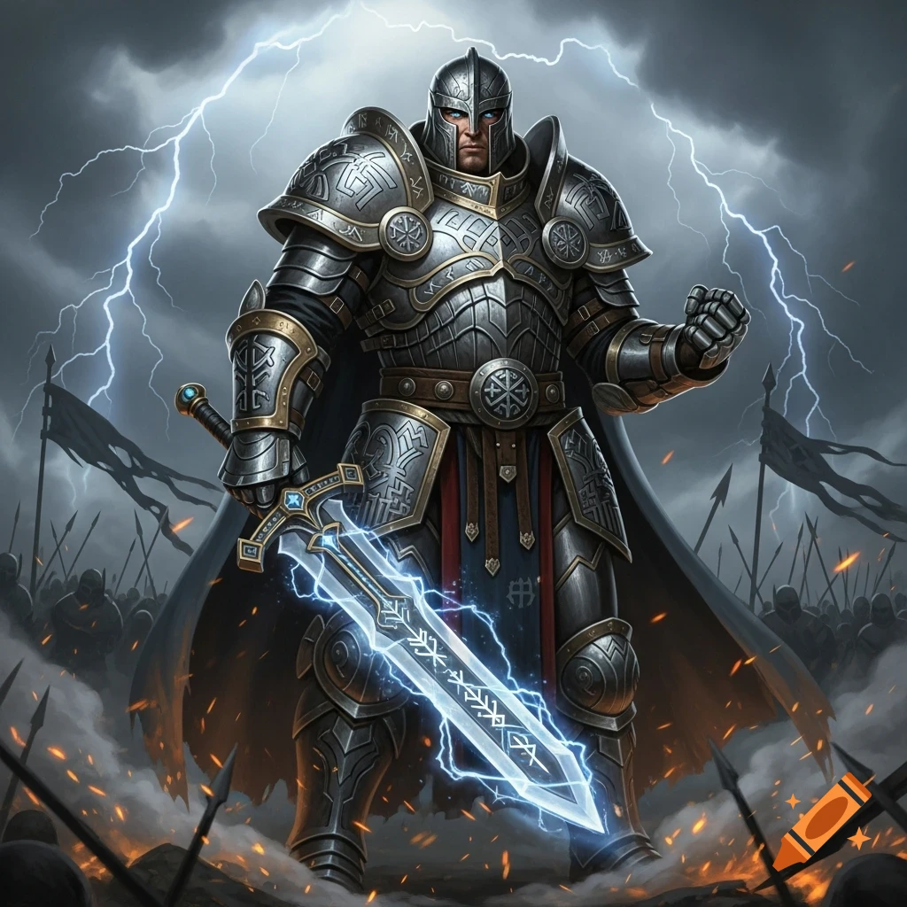 A heavily armored knight wields a glowing blue sword under a lightning-filled, stormy sky, standing amidst a battlefield.