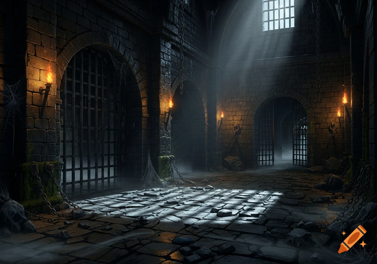 A dark, atmospheric dungeon with stone walls, barred gates, burning torches, and rays of light shining through a high window.