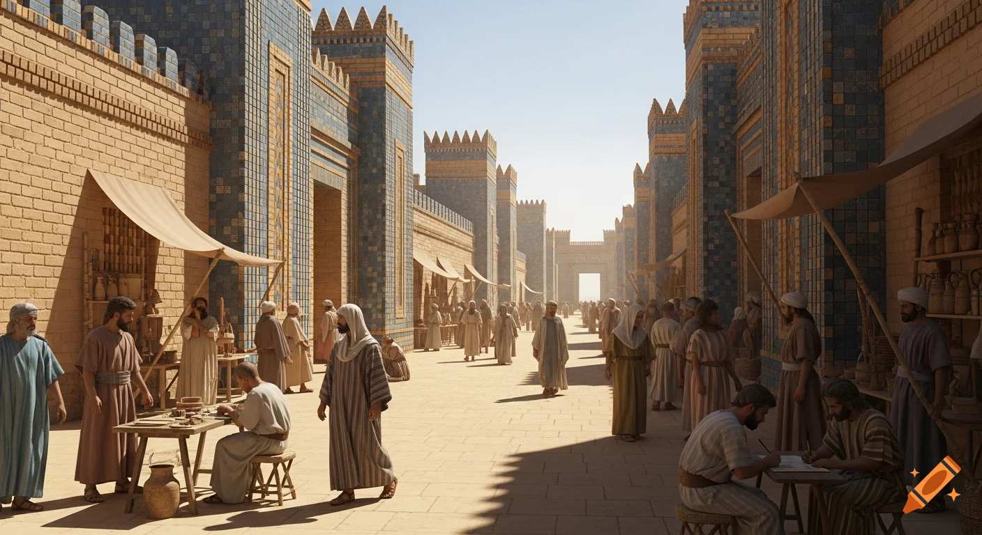 Photorealistic ancient Babylonian street scene. People walk and trade among mudbrick buildings with blue-glazed tile details.