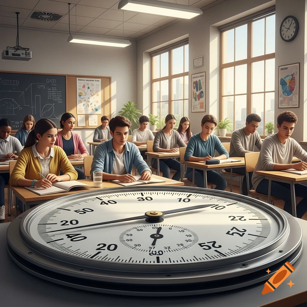 Students are taking a test in a bright classroom, with a giant stopwatch in the foreground marking the passage of time.