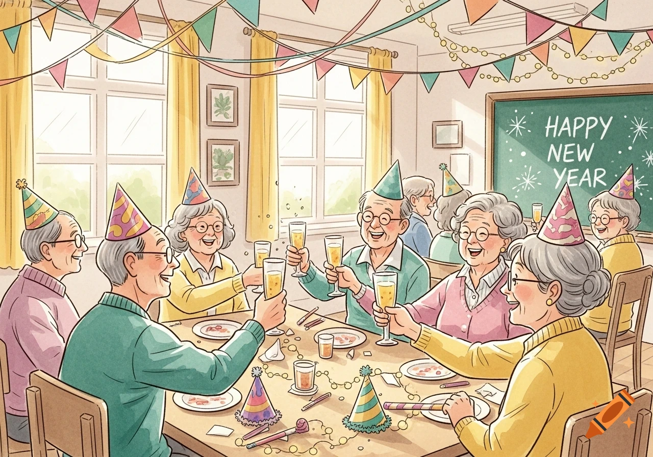 Happy senior citizens in party hats toast with drinks at a decorated table, with 'Happy New Year' on a chalkboard, in an illustration.