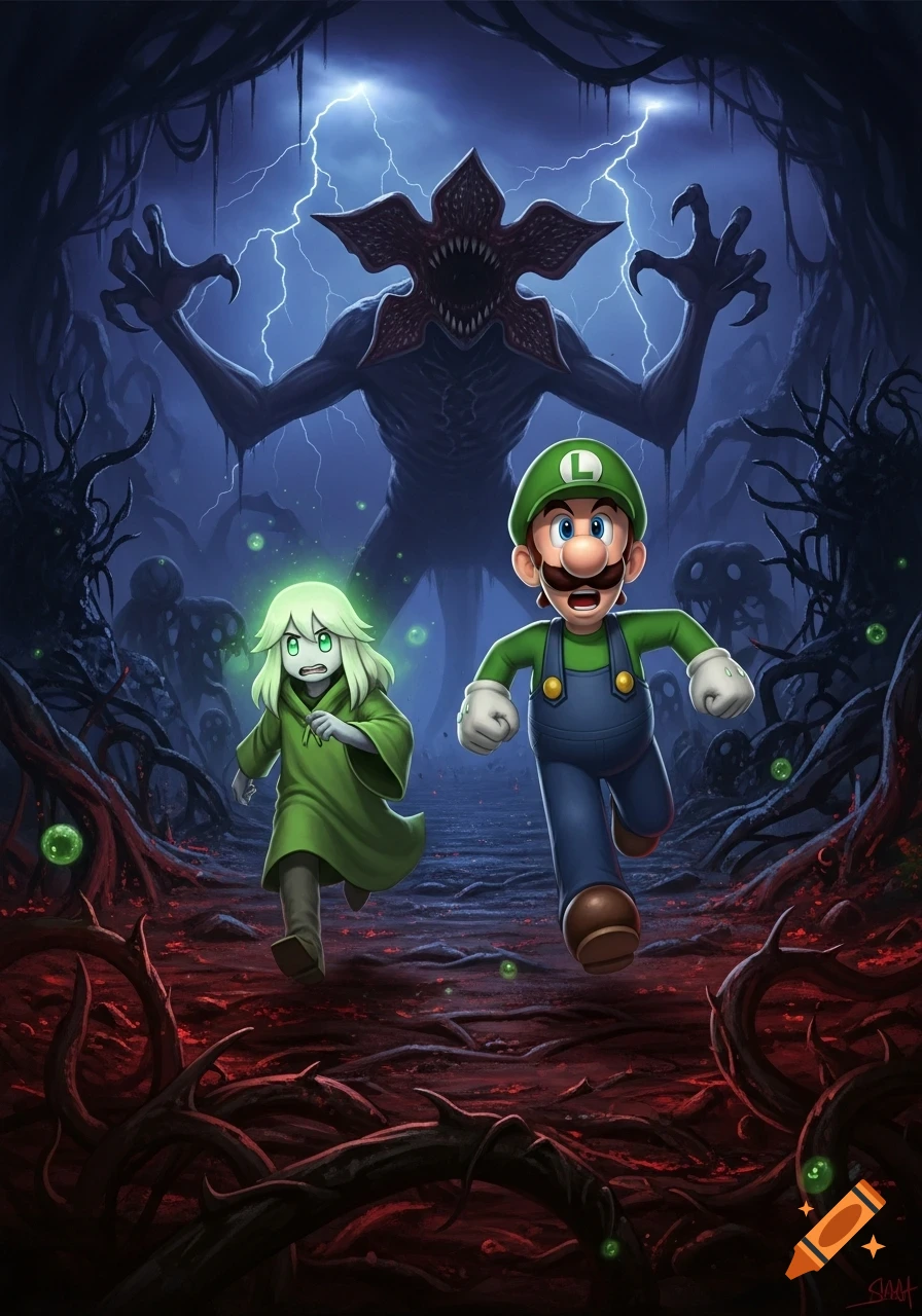 Luigi and Ralsei run through a dark, vine-covered forest from a large, terrifying Demogorgon under a lightning storm sky.