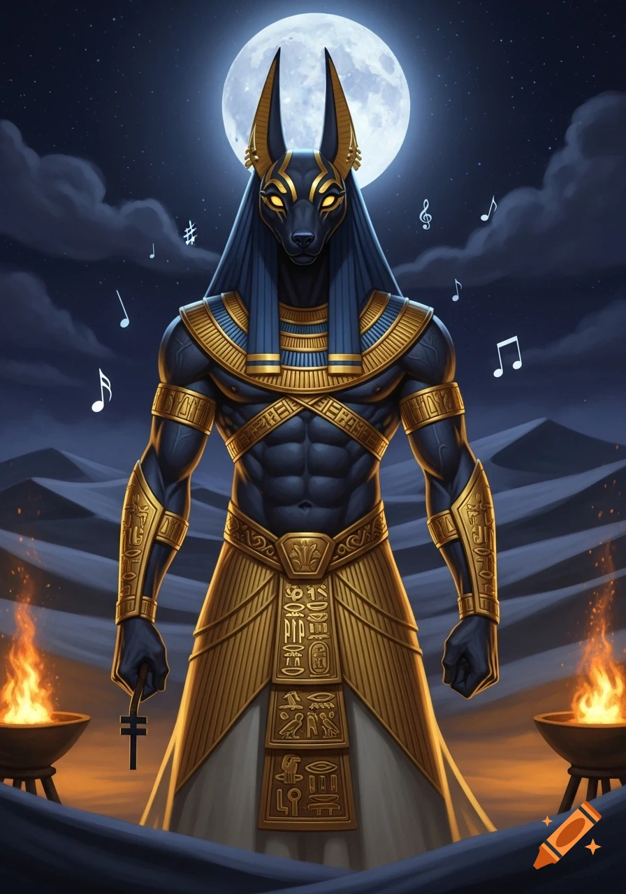 A majestic Anubis, an Egyptian god with a jackal head, stands under a large full moon in a desert night. He wears intricate gold and blue armor, holding an ankh, with musical notes floating around him and braziers with fire beside him.