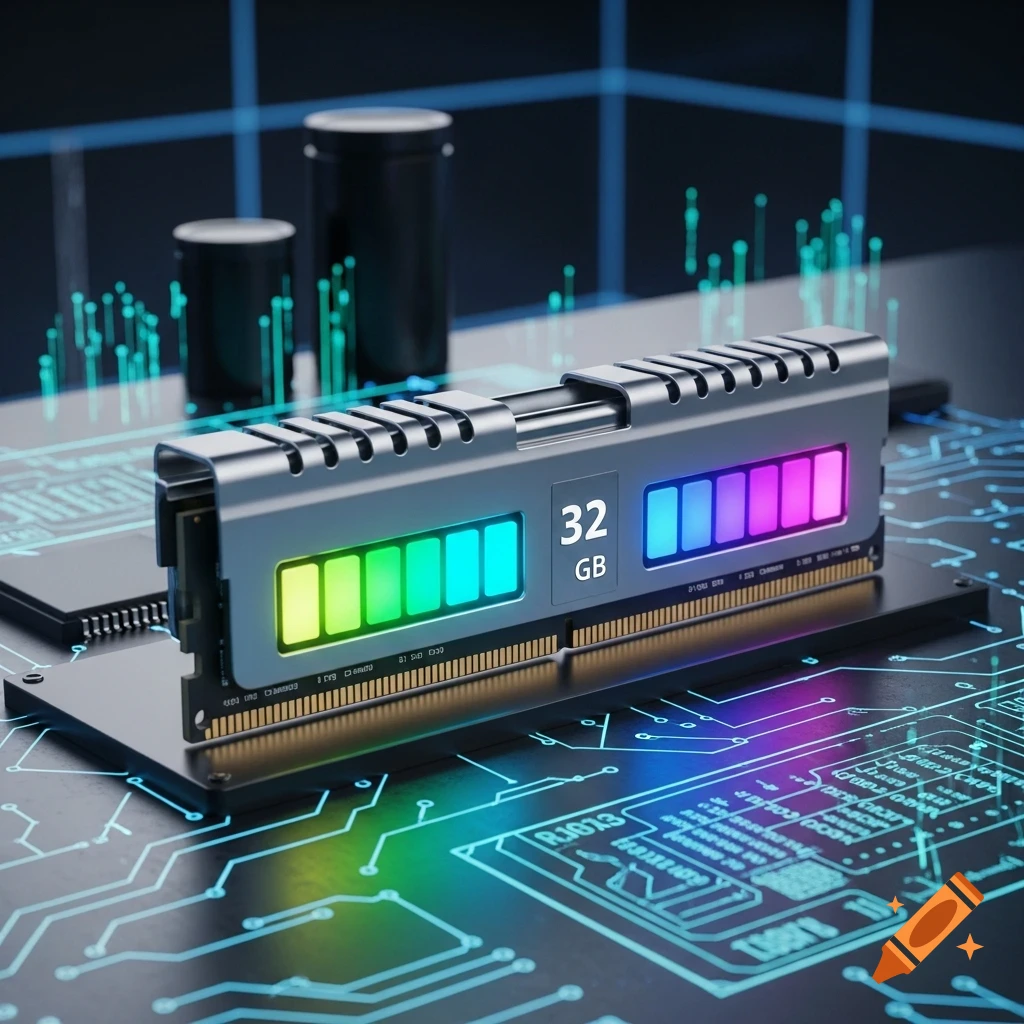 A close-up of a silver RAM stick with colorful RGB lighting, displaying '32 GB', on a glowing blue circuit board.