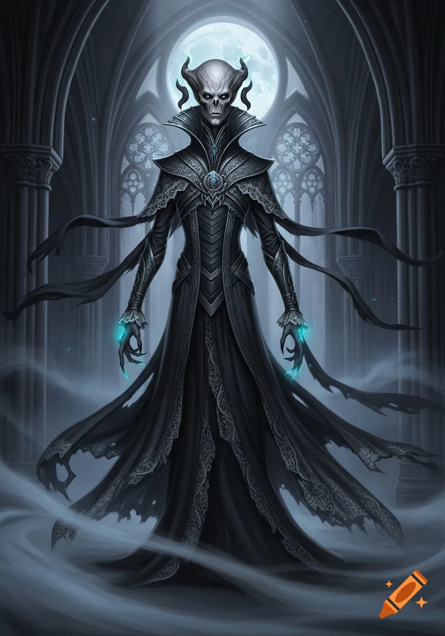 A dark fantasy illustration of a wraith-like mutant humanoid with a skull face and horns in ornate gothic clothing, standing in a hall with a full moon.