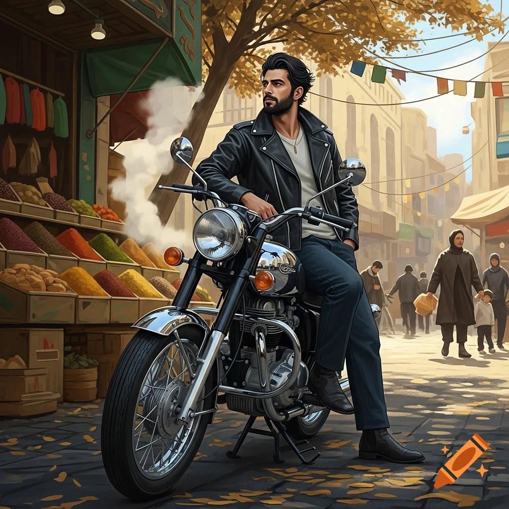 An illustrated man in a black leather jacket leans against a classic motorcycle in a bustling, colorful marketplace.