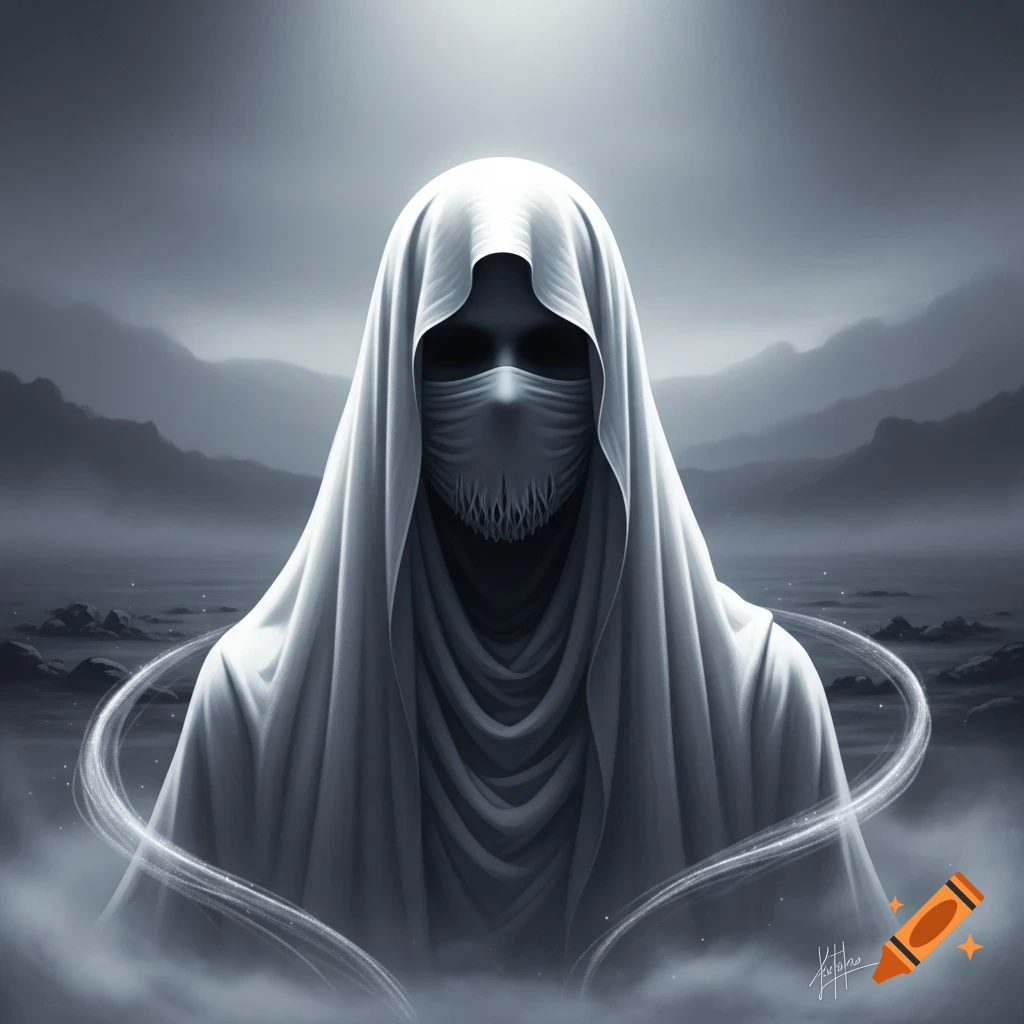 A mysterious hooded figure in a white cloak stands in a misty, monochrome landscape with glowing trails.