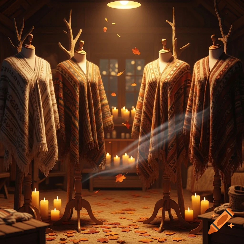 Four mannequins display fluffy, patterned ponchos in a cozy, candlelit room with autumn leaves scattered on the floor.