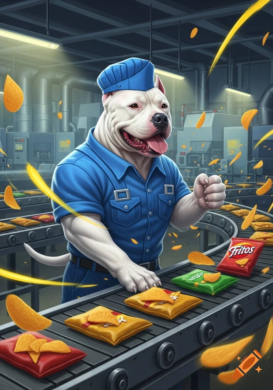 An anthropomorphic white pitbull in a blue uniform and cap works on a conveyor belt in a Fritos factory, surrounded by bags of chips.