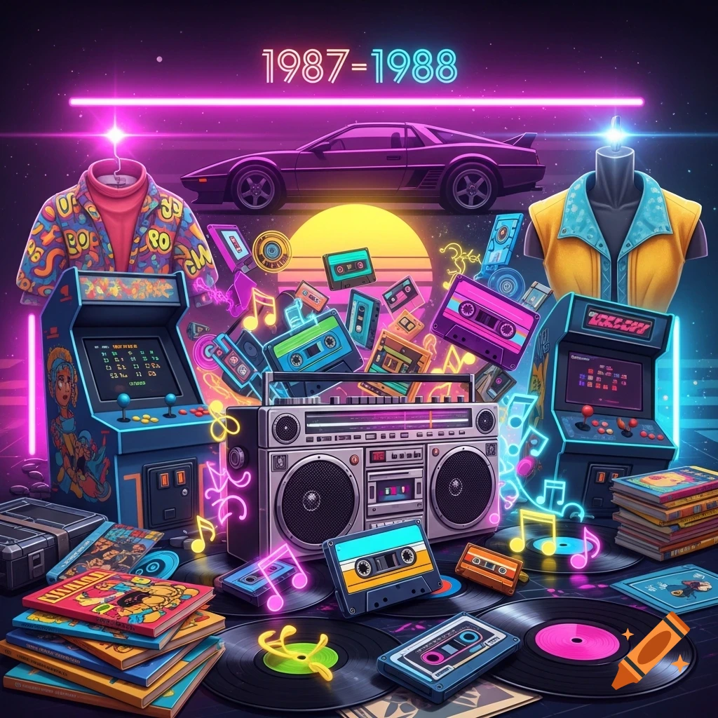A vibrant 80s pop culture collage with a purple car, boombox, arcade games, cassette tapes, and vinyl records under neon lights and a sunset.