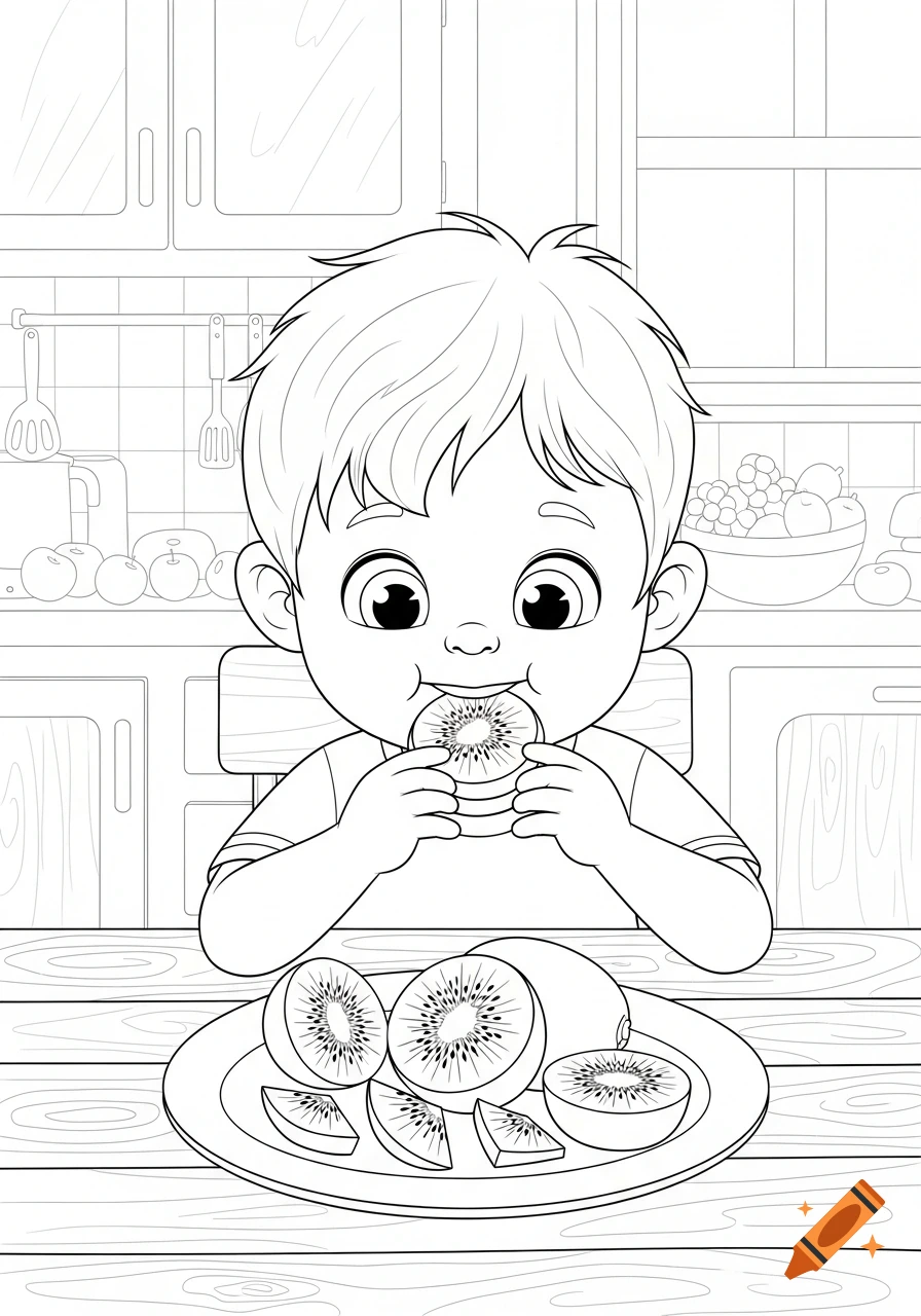 Line art coloring page of a happy cartoon boy eating a kiwi at a kitchen table, with more kiwi slices on a plate.