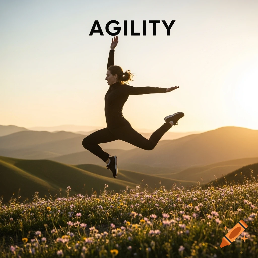 A woman in silhouette leaps over a flower field with rolling hills and a sunset background, the word AGILITY above.