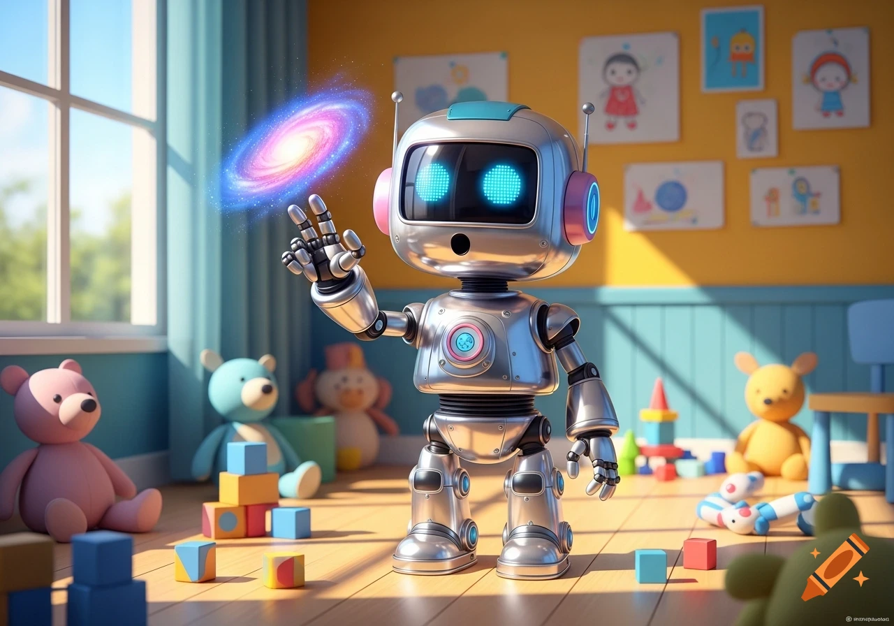 A silver robot with glowing blue eyes holds a swirling galaxy in its hand in a colorful child's room with toys and drawings.