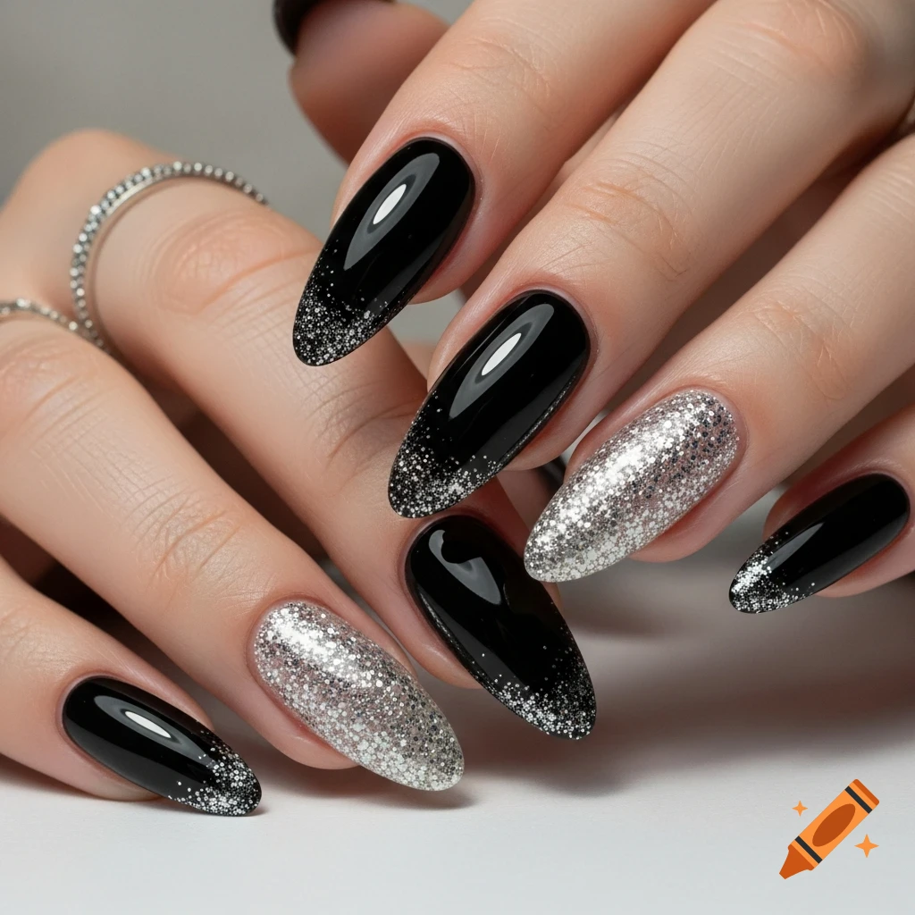 Close-up of hands with almond-shaped nails, featuring glossy black polish with subtle silver glitter tips and two accent nails fully covered in silver glitter.