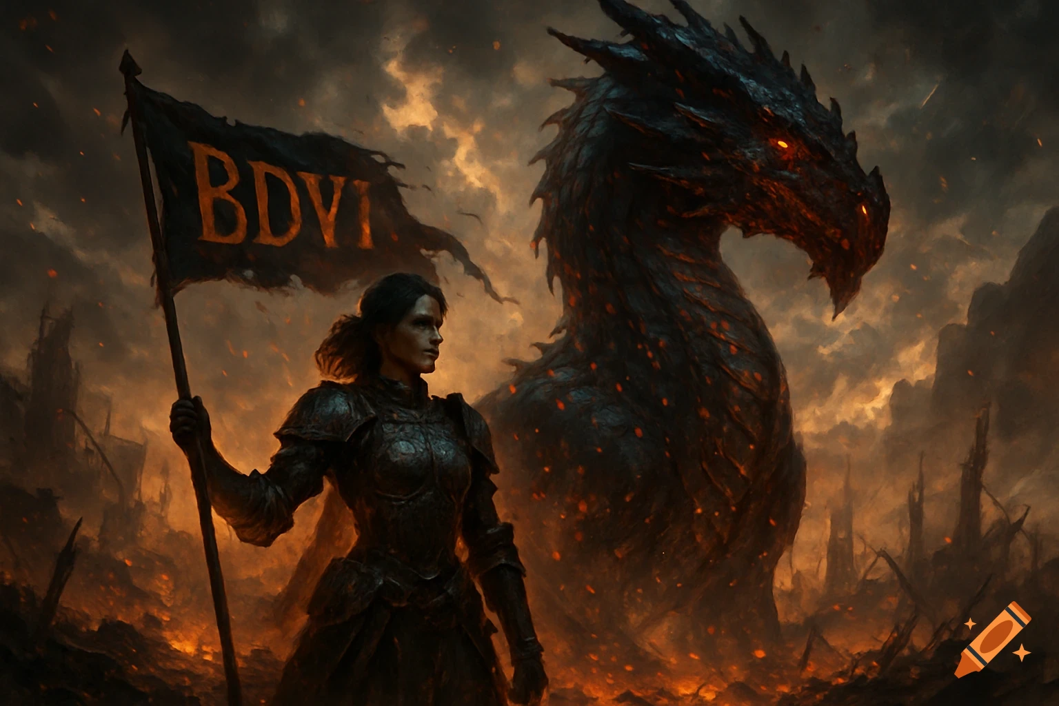 A warrior woman holding a flag with 'BDVI' stands beside a fierce dragon in a fiery post-apocalyptic war-torn landscape.